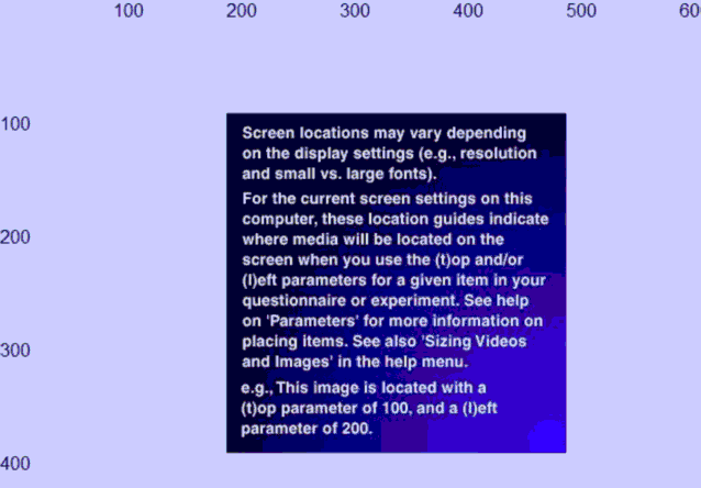 This window shows you exactly where the top left pixel of your image will be placed. &nbsp;The top and left pixel values are marked every hunderd pixels along the top and left borders, respectively.